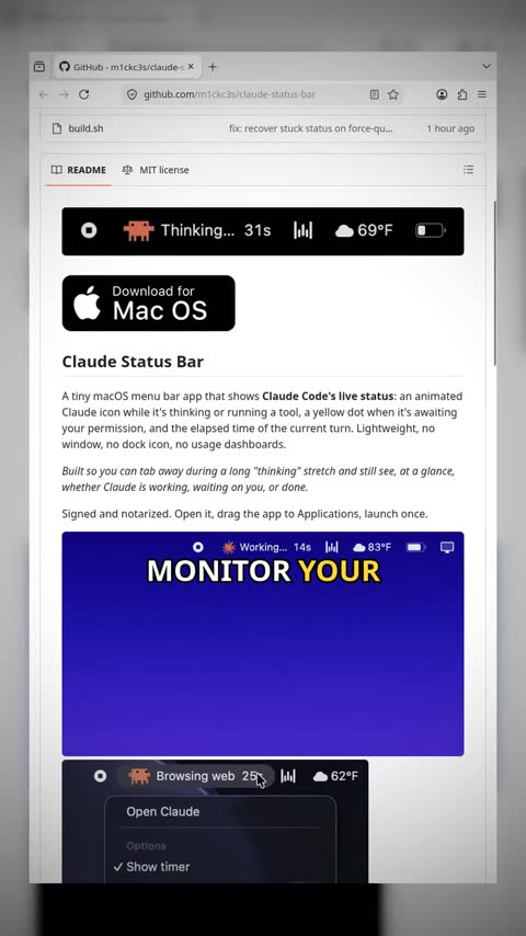 Video preview for m1ckc3s/claude-status-bar