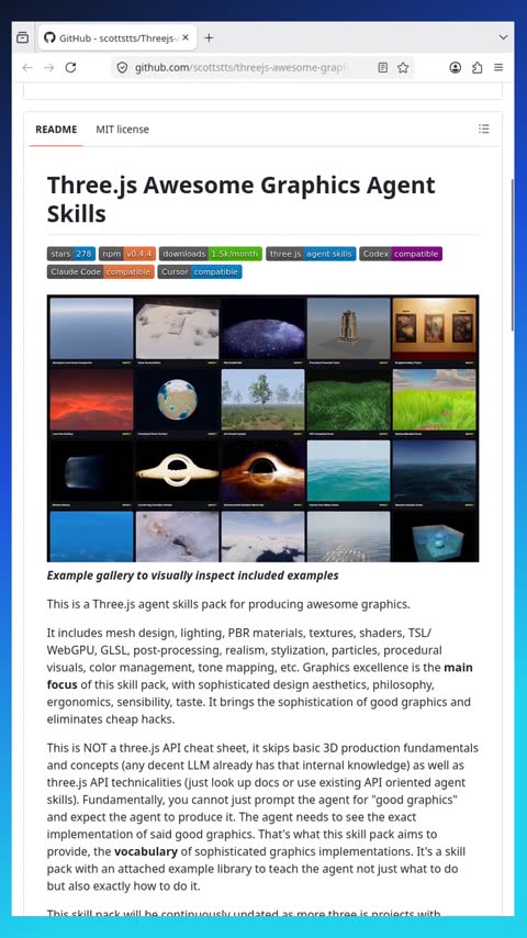Video preview for scottstts/threejs-awesome-graphics-agent-skills
