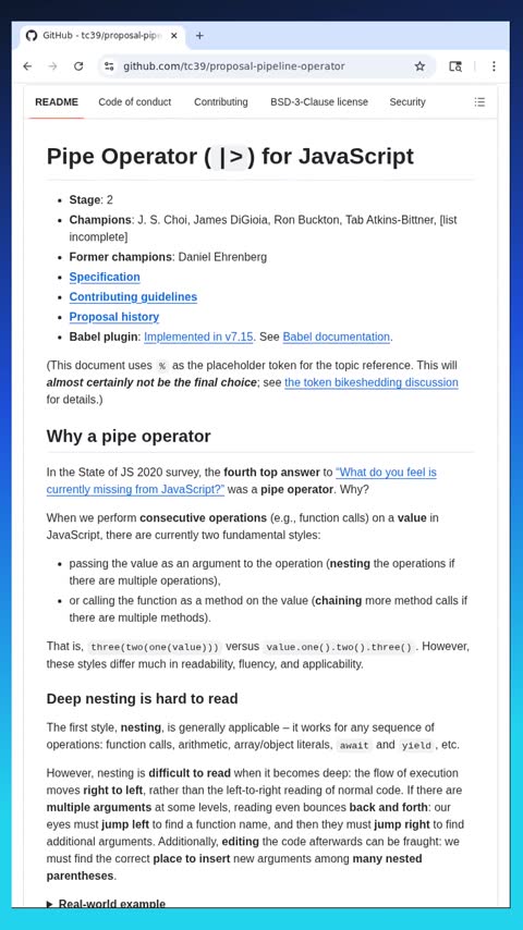 Video preview for tc39/proposal-pipeline-operator